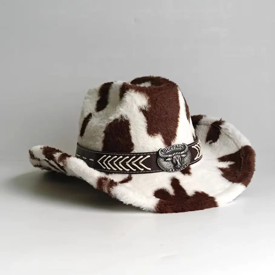 Rabbit Fur Leopard Cowboy Hat Women Men Fluffy Cow Print Western Sombrero Hat Festival Party Headwear Cap Wholesale