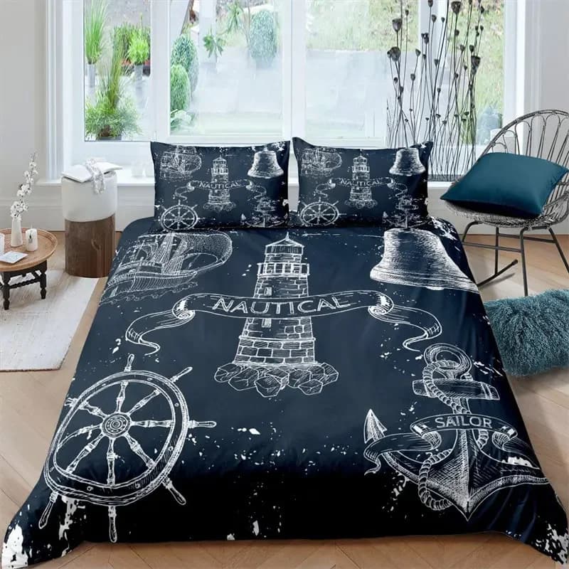 Set di biancheria da letto stampata su un solo lato da 3 pezzi, copripiumino per barca a vela pirata consolatore copripiumino oceano cuscini copriletti confortevoli