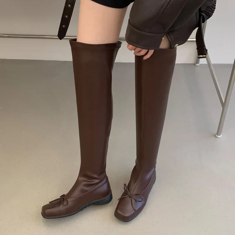 Aneikeh Women Sweet Brown Over The Knee Boots Square Toe Bow Decor Flat Sole Elastic Shaft Casual Autumn Winter Dating Boots
