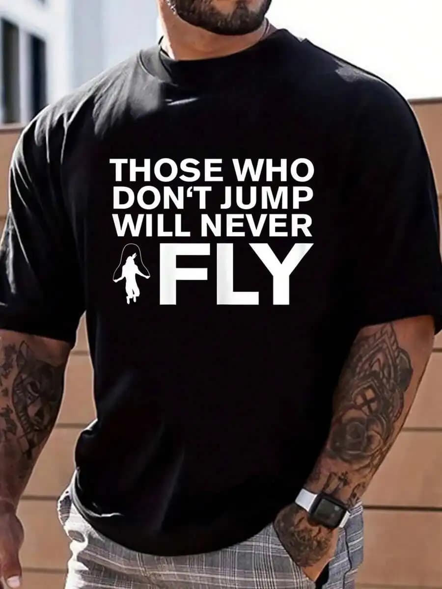 Mens Cotton T-Shirt With Jump Rope Motif Fitness Workout Casual Hip Hop Style