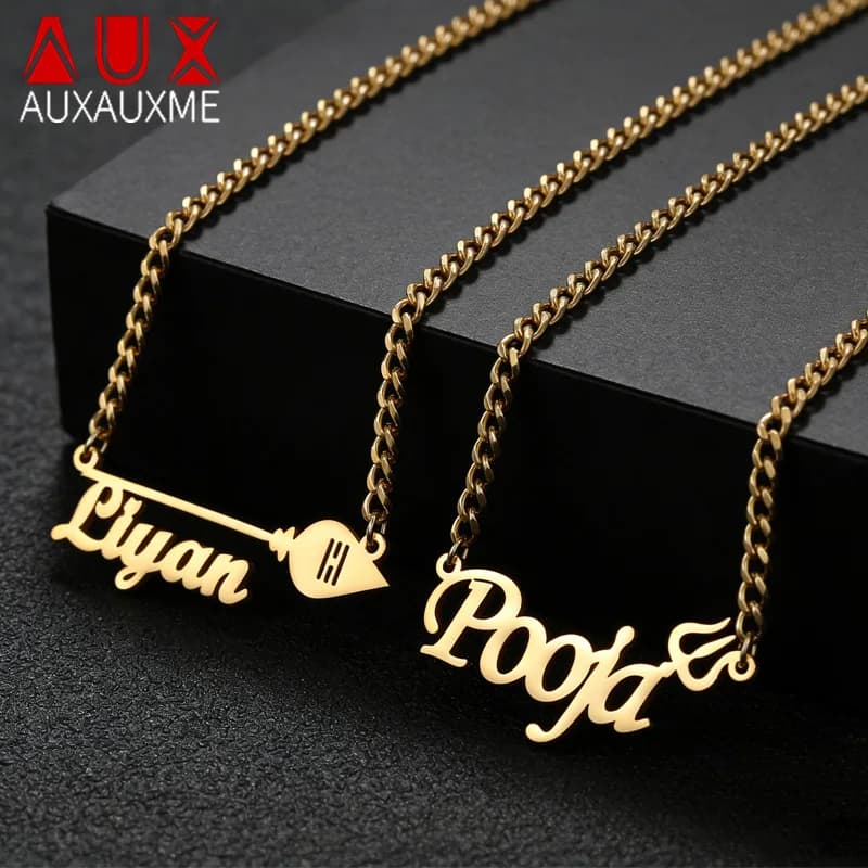 Collana con nome personalizzato Auxauxme per uomo e donna, in acciaio inossidabile, amuleto personalizzato, ciondolo a forma di freccia, catena spessa, gioielli, regali di compleanno