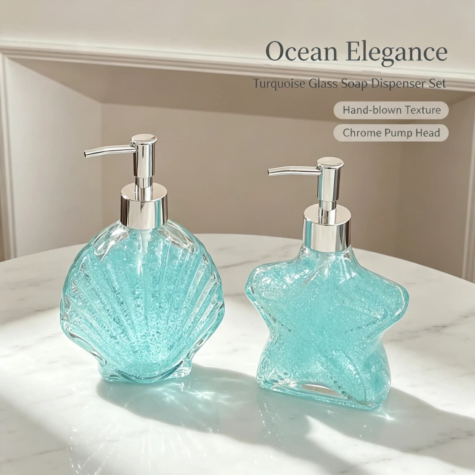 Turquoise Glass Soap Dispenser Bottle Seashell, Starfish Shape Pump Lotion Container Bathroom, Sink Shower Decor Hotel Accessori