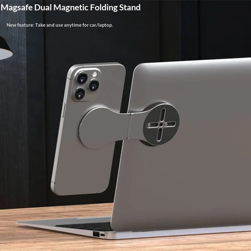 Supporto per supporto pieghevole doppio magnetico per treppiede da scrivania per laptop per auto, supporto galleggiante compatibile con Magsafe con fogli