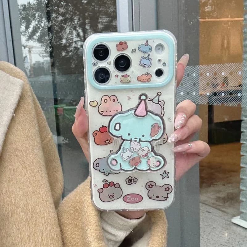 Custodia per telefono con animali cartoni animati Kawaii per iPhone 17 Pro 16 14 15 Pro Max, cover antiurto con supporto, simpatiche custodie per Apple 17 Pro Max