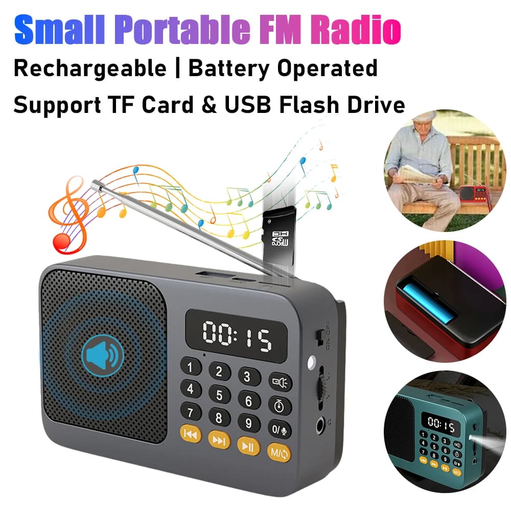 Radio FM portatile ricaricabile Mini altoparlante wireless Bluetooth Supporto scheda TF USB Lettore musicale MP3 con ricevitore radio FM LED