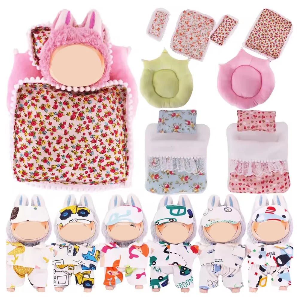 Set of accessories for mini dolls from 17 cm for doll Labubu Pop 5/6 pieces/set bed + quilt + pillow pajamas gift sleeping bag for doll house, toys for girls
