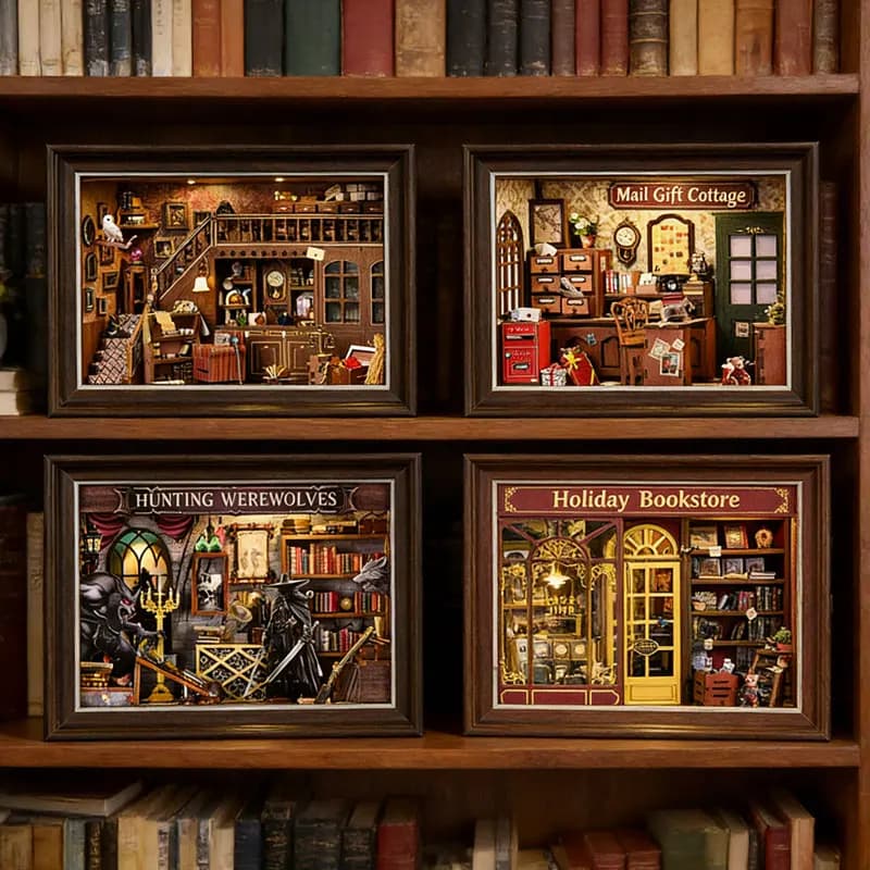 Kit Fai-da-Te 3D in Legno per Angolo Libreria, Casa delle Bambole in Miniatura con Luce LED, Inserto per Libreria, Cornice Portafoto, Decorazione per la Casa, Regalo di Compleanno per Amici