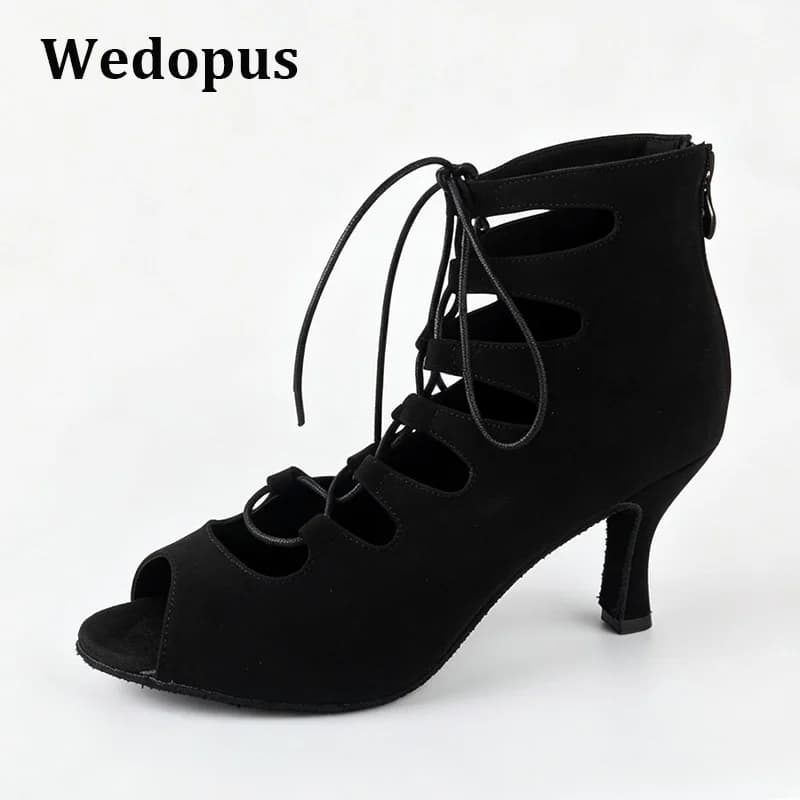 Wedopus Women's Faux Suede Customized Heel Boots for Dancing Black Suede Soled Latin Dance Shoes Open Toe