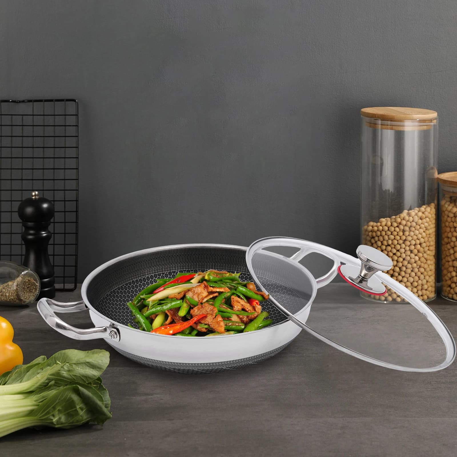 Padella in acciaio inossidabile 316 con coperchio da cucina, padella antiaderente, pentole da cucina per fornelli a gas e fornelli a induzione