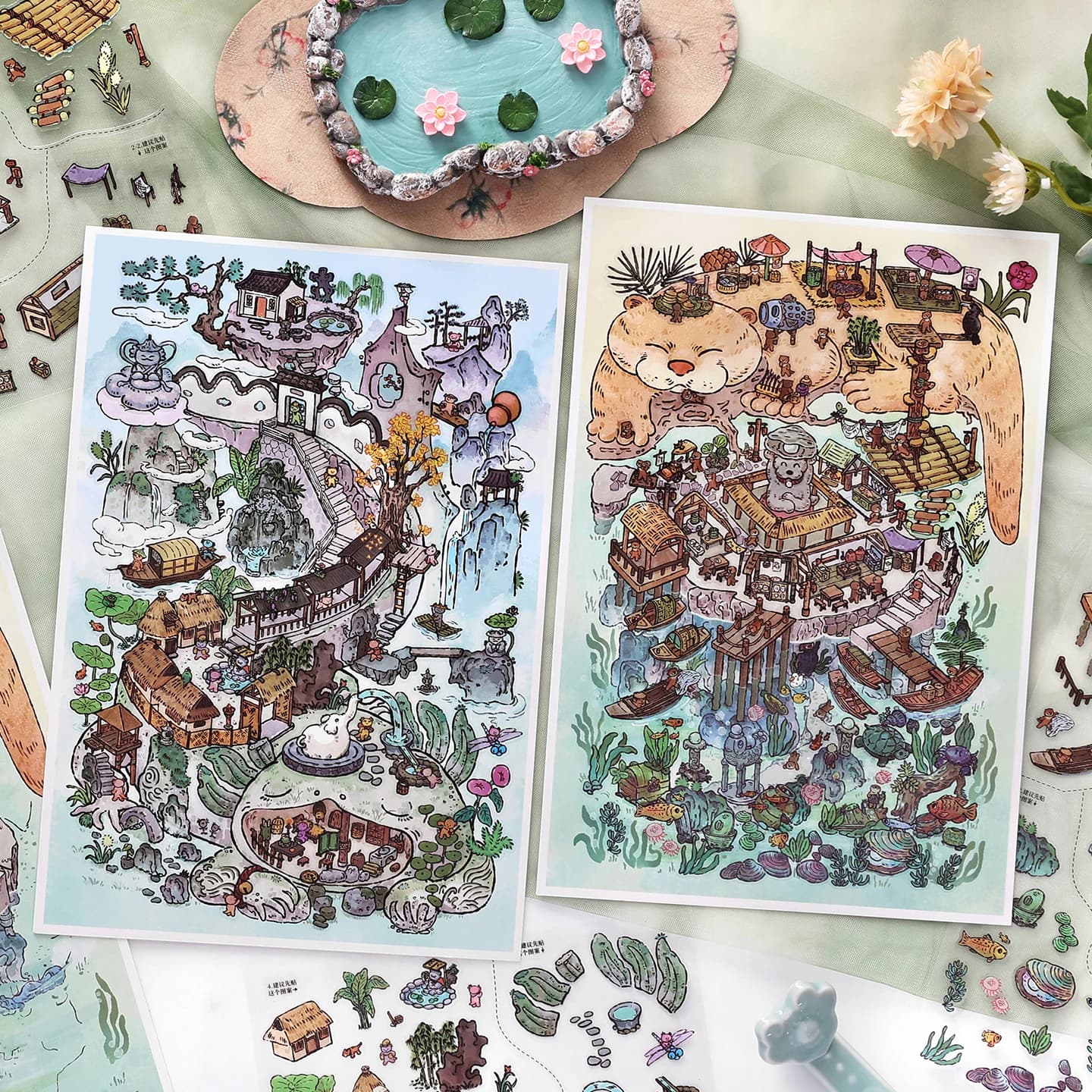 2.5D Chinese Style Mountain Village Scene Building Stickers Kit DIY Diorama Animal for Junk Journal Scrapbooking Craft Supplies