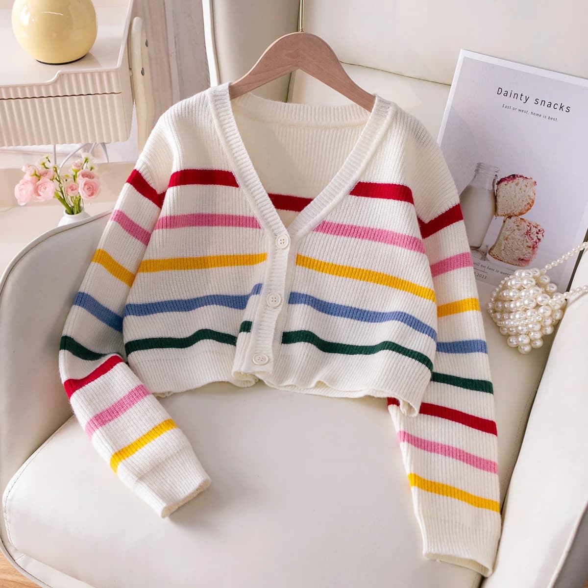 Girls' colorful striped short sweater knitted cardigan jacket suitable for vacation parties in spring, autumn, and winter