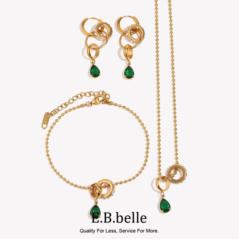 E.B.belle Double Interlock Ring Green Pear Gem Match Necklace Hoop Earrings 18K Gold Plated Stainless Steel Fashion Jewelry Set