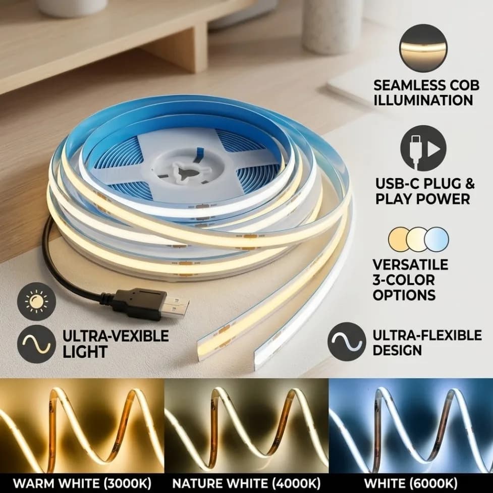 DC5V USB COB LED Strip 320LEDs/M 3000K 4500K 6500K High Density Flexible Lighting Tape Lamp for DIY TV Backlight Home Decoration