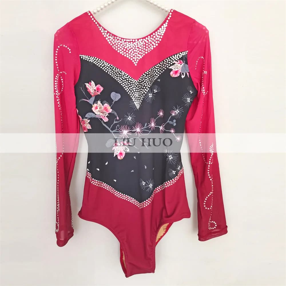 LIUHUO Pattinaggio di Figura Top Uomo Ragazzi Prestazioni sul Ghiaccio Costume Concorso Body a Maniche Lunghe Danza Rossa Bambini Adolescenti Bambino Unitard