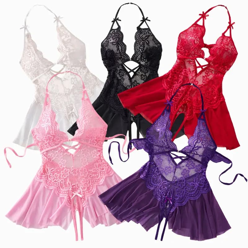 Women Sexy Pajama Set V-Neck Night Dress One-Piece Underwear Nightgown Lace Transparent Lingerie Solid-color Summer Pajamas Soft