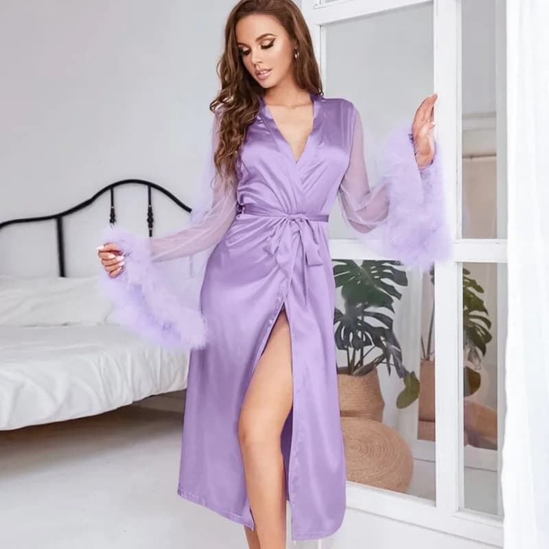 2026 New Women's Summer Feather Pajamas, Loose and Comfortable Bathrobes for Relaxing Loungewear Style L Size