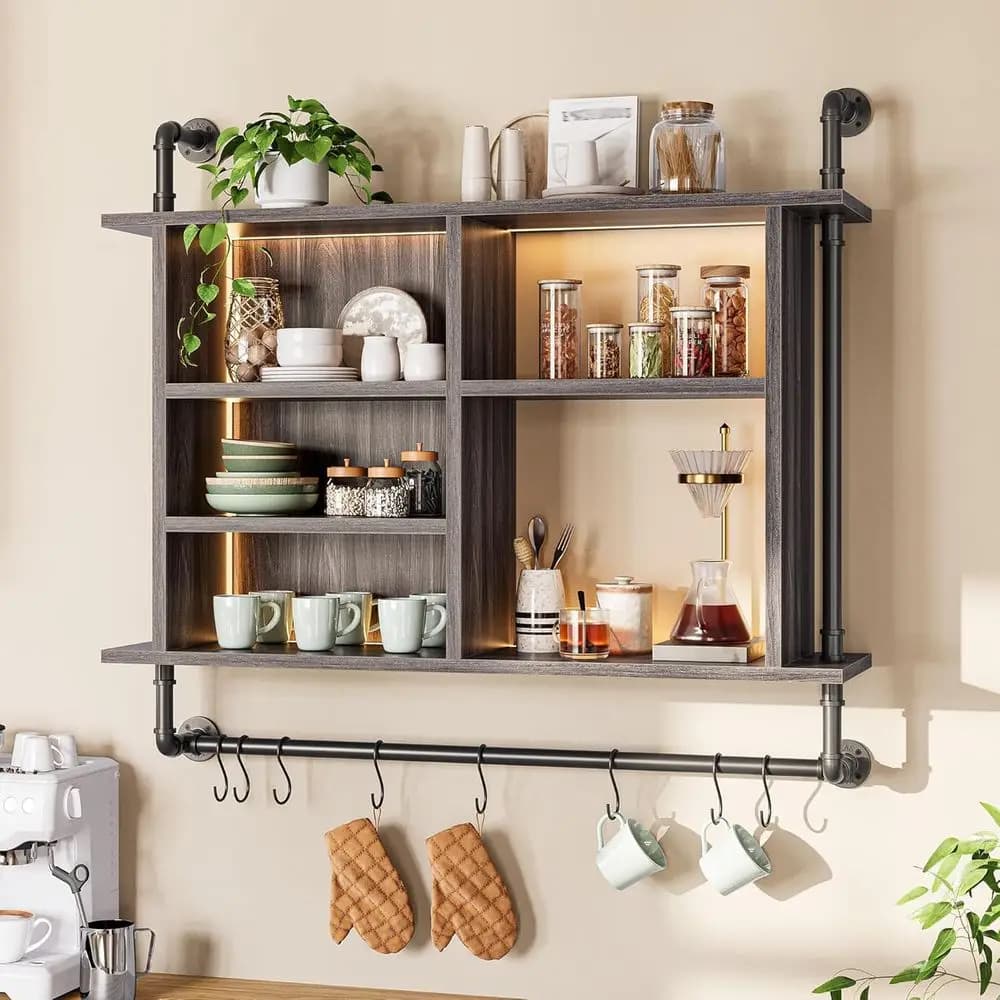 4-Tier Industrial Style Wall Shelves with Adjustable Levels, RGB LED Lights, Hooks - Large Capacity for Kitchen, Living Room, Ba