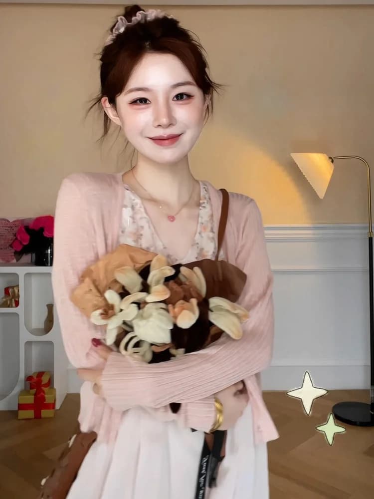 Summer 2026 Korean Style Sweet Girl Light Floral Print Strap Dress Knitted Sunscreen Outerwear Cardigan Sweet Two-Piece Set