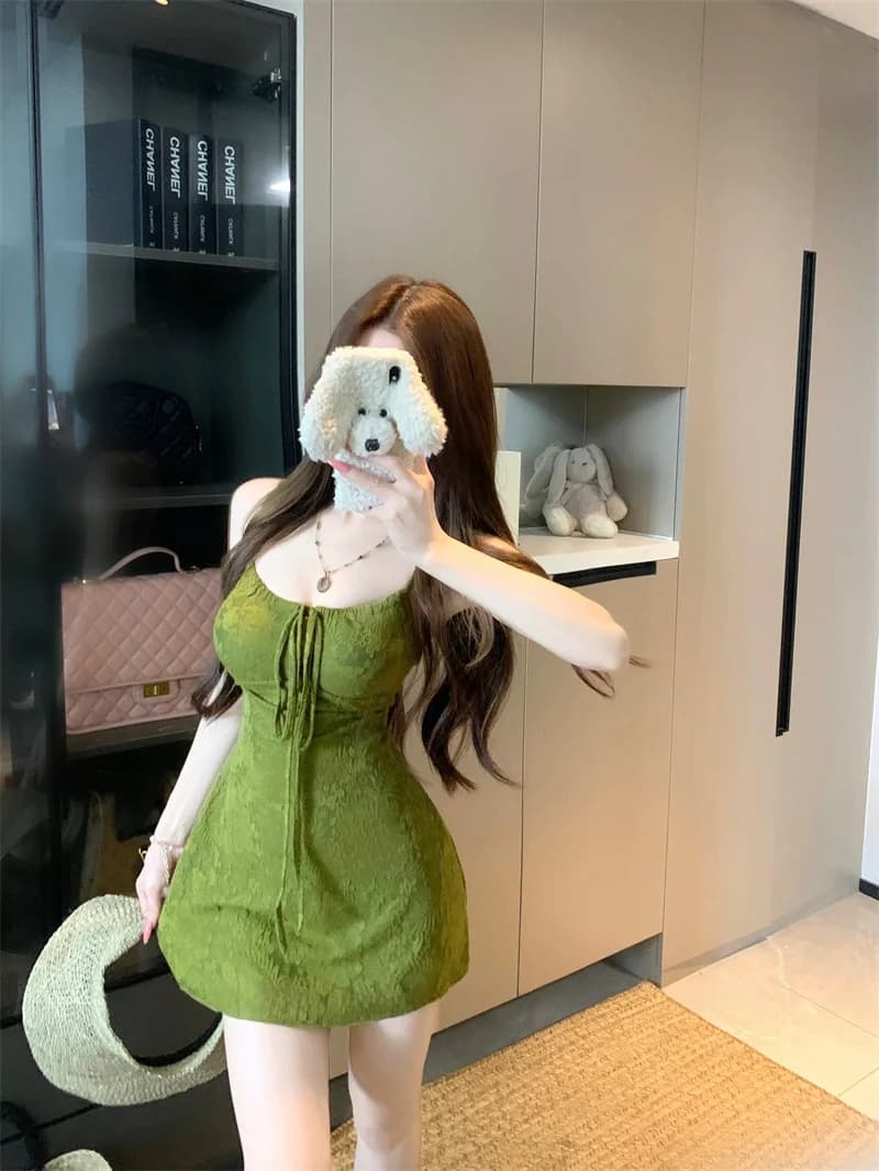 Slim Fit Green Strapless Dress Stylish Summer A-Line Skirt Women's Fashion City Walk Polyester Fiber Spring Season Sleeveless