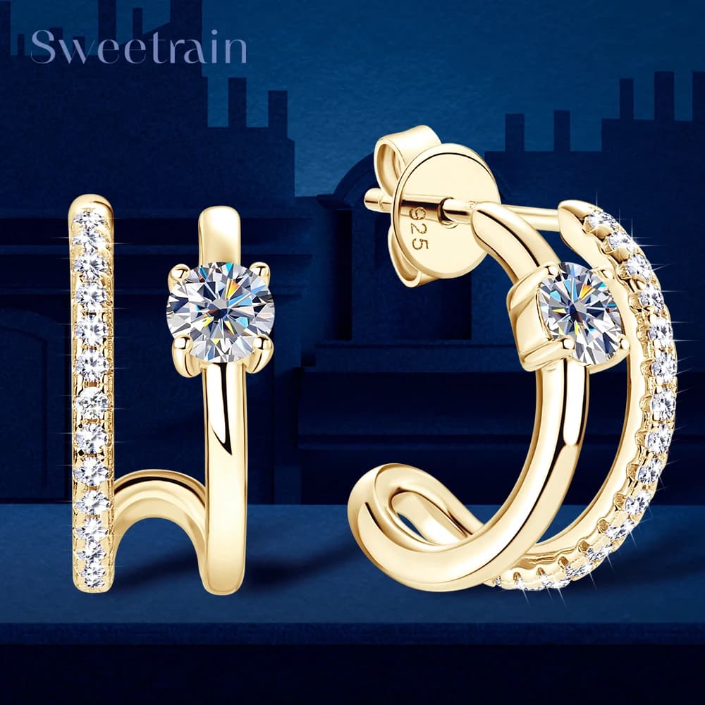 Original 925 Silver Earrings 4mm Moissanite Diamond Earring Half Small Piercing Hoops Ear Stud for Women Plated 18K Gold Jewelry