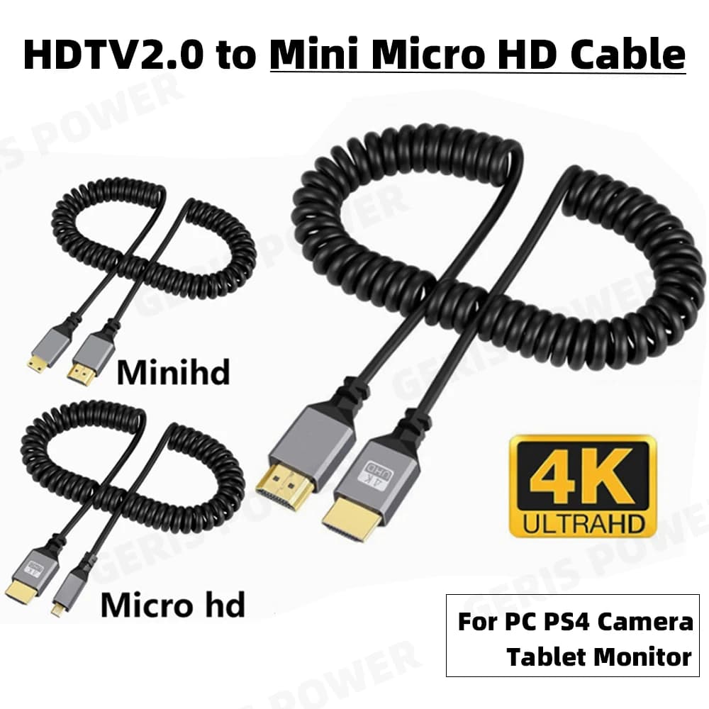 4K HDMI-Compatible to Mini Micro HD Male to Male Coiled Extension Spring Flexible Cable for PC PS4 Camera Tablet Monitor HDTV2.0