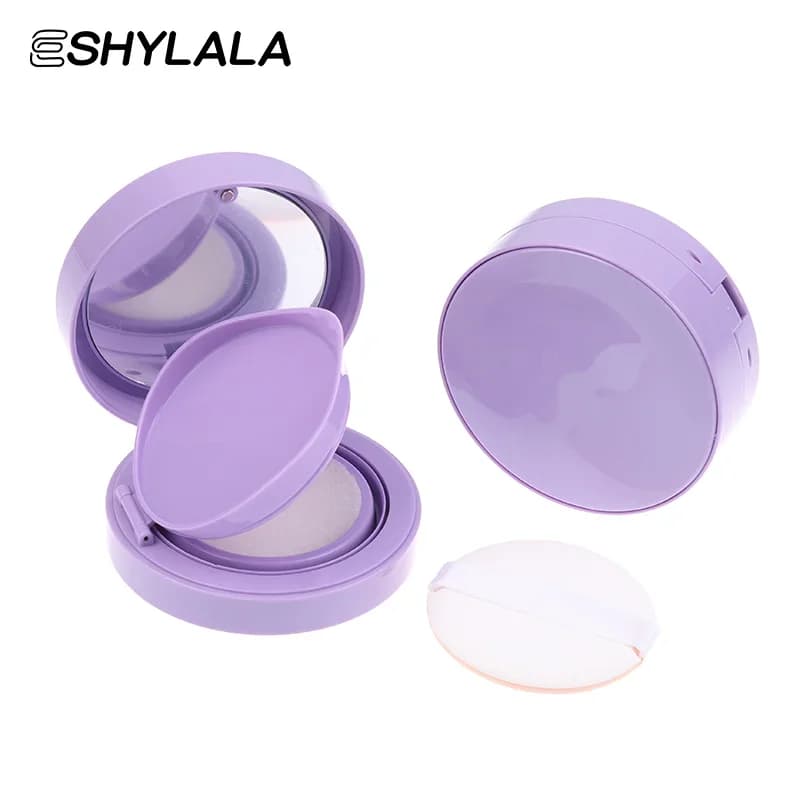 Scatola fai da te per fondotinta con cuscino d'aria viola Scatola vuota per soffio con specchio Contenitore cosmetico per crema BB con custodia per trucco in spugna
