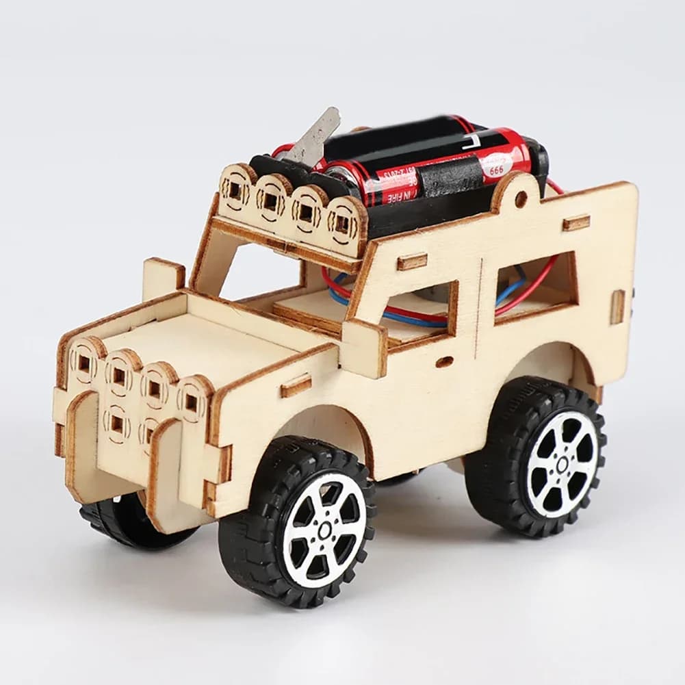 Kit modello Jeep elettrico fai-da-te - Assemblaggio in legno con motore funzionante e parti staccabili, giocattolo di ingegneria STEM