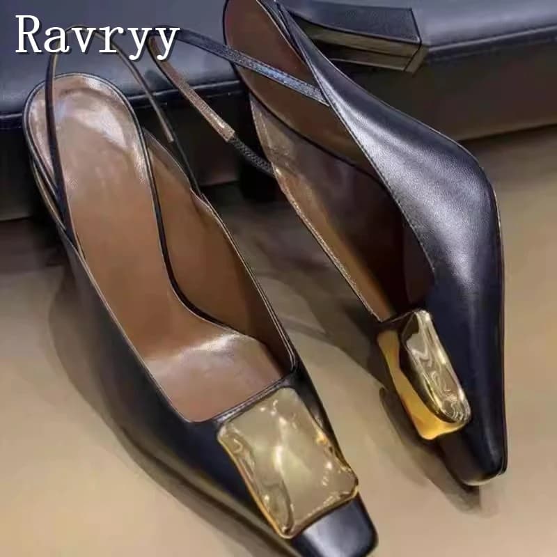 Square Toe Metal Buckle Decor High Heel Pumps Women Spring New Fashion Shallow Mouth Back Strap Thick Heel Single Shoes