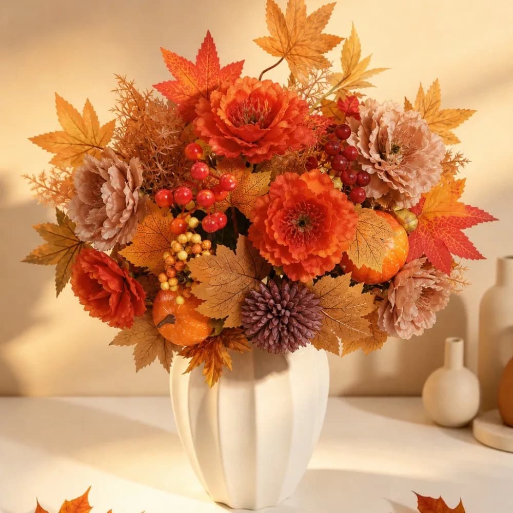 Autumn Artificial Flowers Bouquet Silk Maple Leaf Berry Pumpkin Fake Plant Thanksgiving Halloween Home Decor 2026 Party Supplies