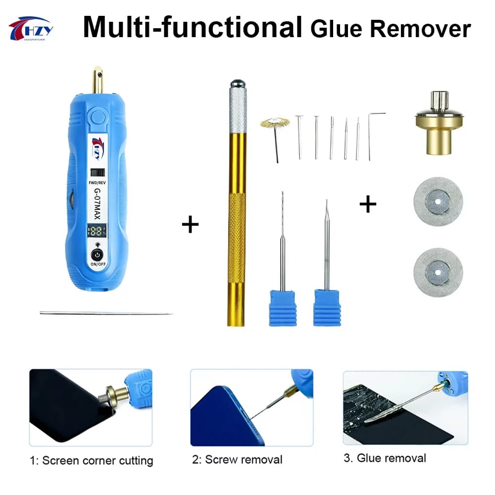 HZY G-07MAX Kit per la rimozione dell'adesivo OCA Schermo LCD del telefono cellulare Colla elettrica Rimuovi penna Schermo curvo Taglio Angolo Strumenti di riparazione