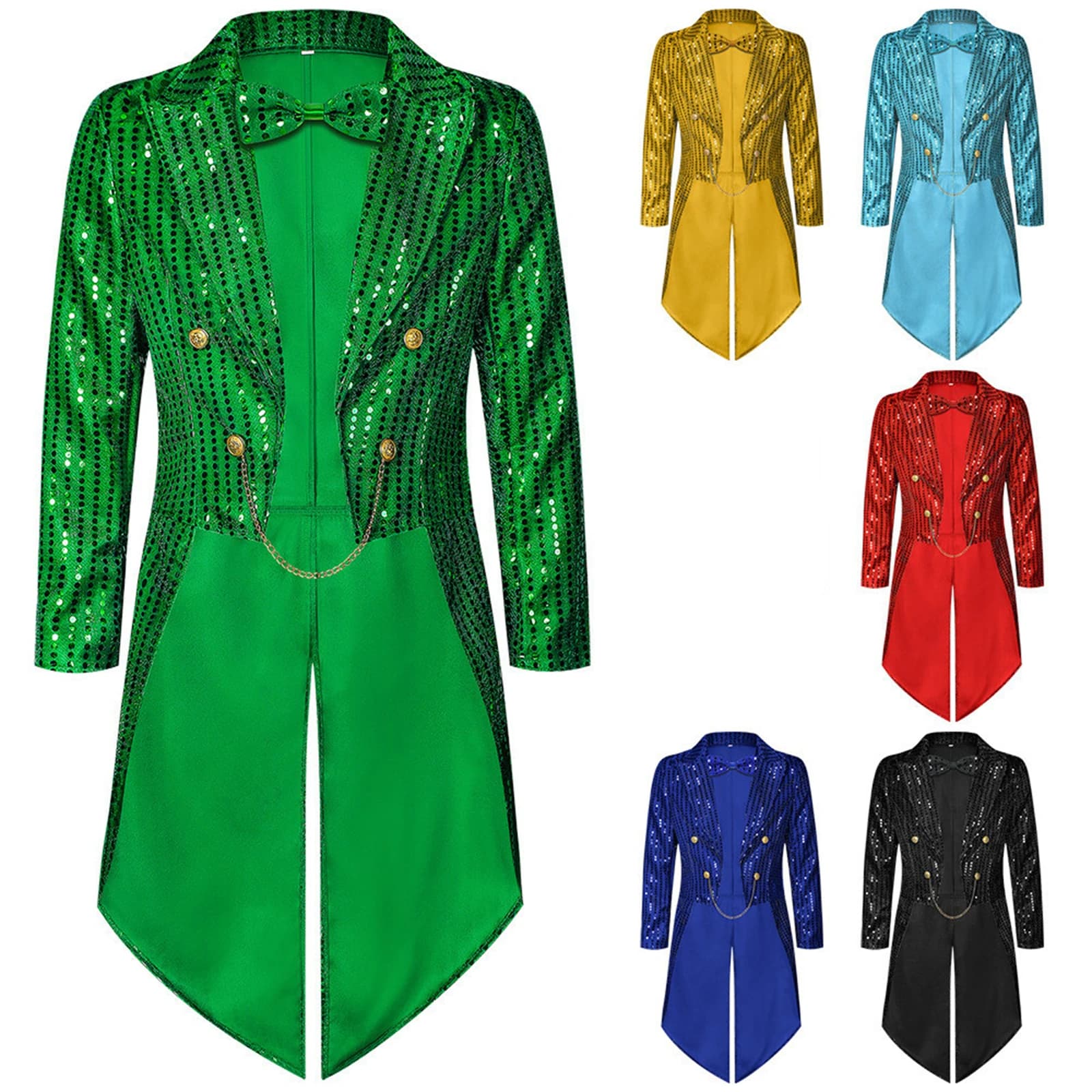 Giacca Gotica da Uomo per San Patrizio, Verde Irlandese con Coda Luminosa, Cappotto Scintillante per Carnevale e Balli in Maschera
