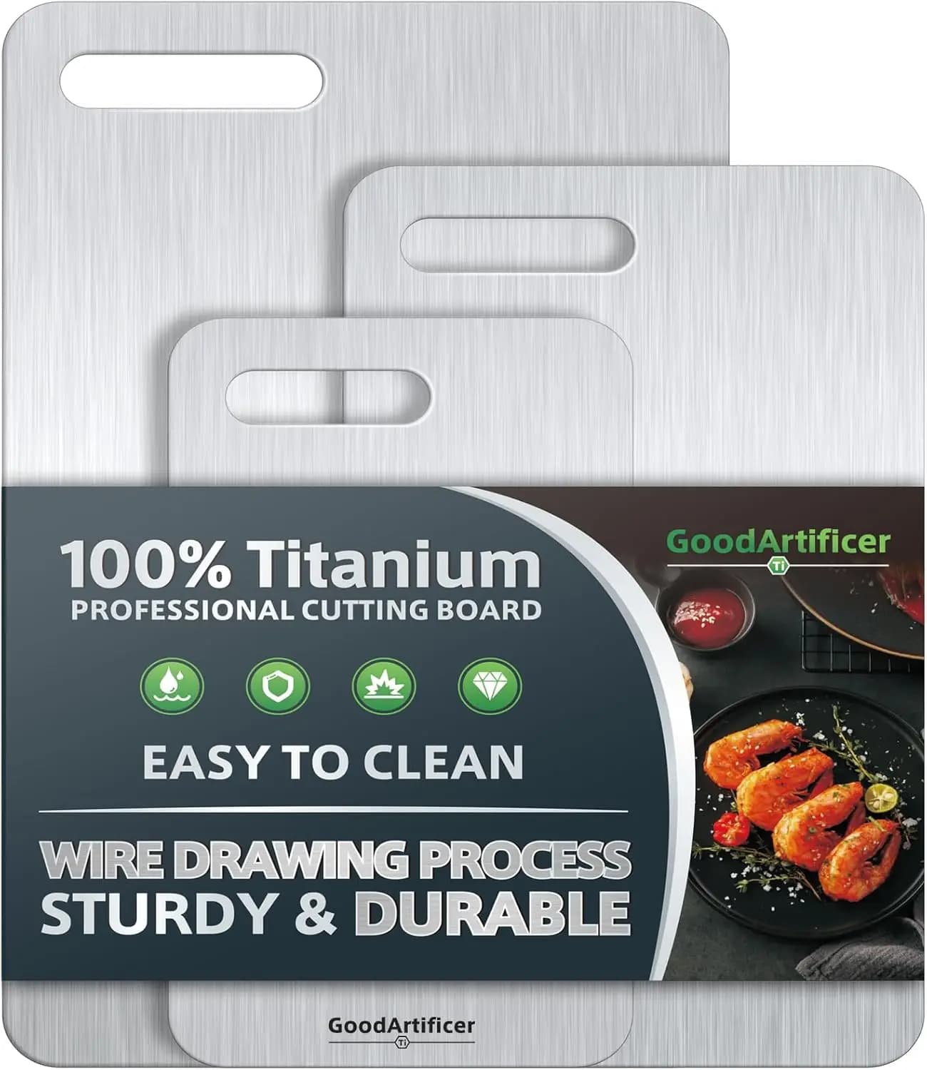 Set of 3 Taglieri in Titanium, Non-Toxic Double Face Kitchen Cutters for Meat Slice, Dishwasher Washable with Handle