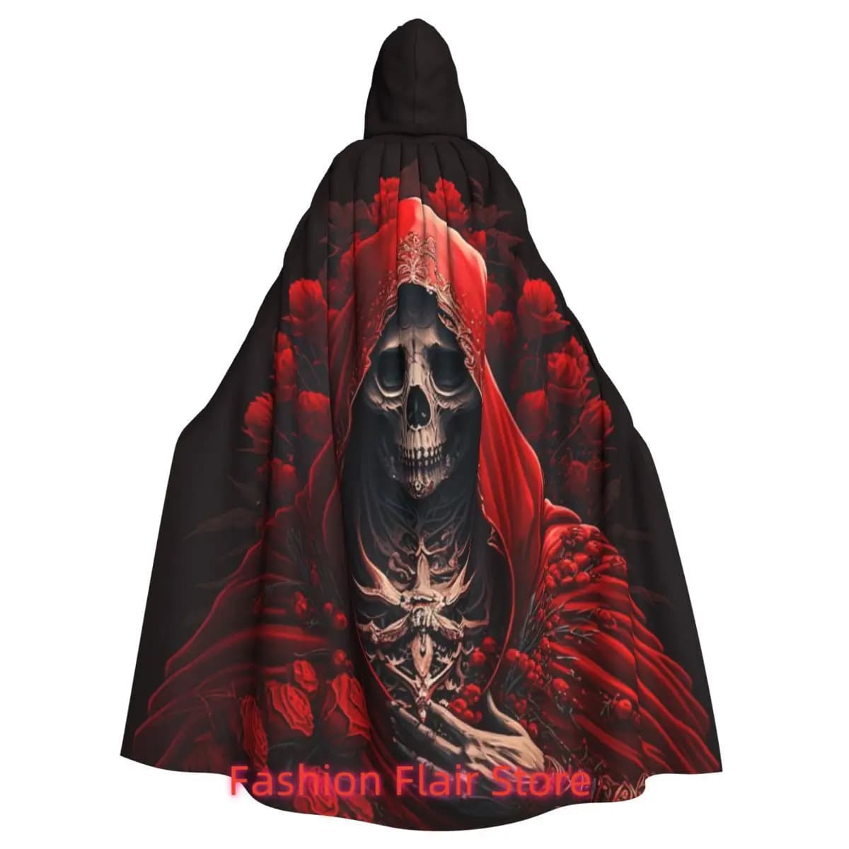 Red Roses Santa Muerte Long Hooded Cloak Witch Medieval Costume Cosplay Cape HalloweenCoat Adult Unisex