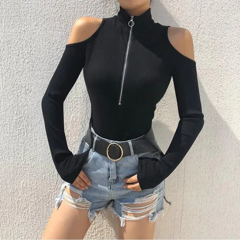 Women's High Collar Zipper Long Sleeve T-shirt off Shoulder Elastic Waist Five Pants Spring 2025 No Brand Registered Trademark