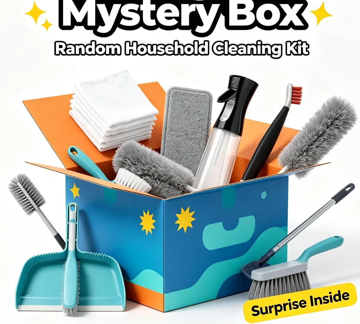Mystery Blind Box Household Cleaning Gadget Set - Random Shop Towels Spin Mop Refill Detail Brush Spray Bottle Dustpan & Pad Reusable Duster for Kitchen Bathroom Cleaning