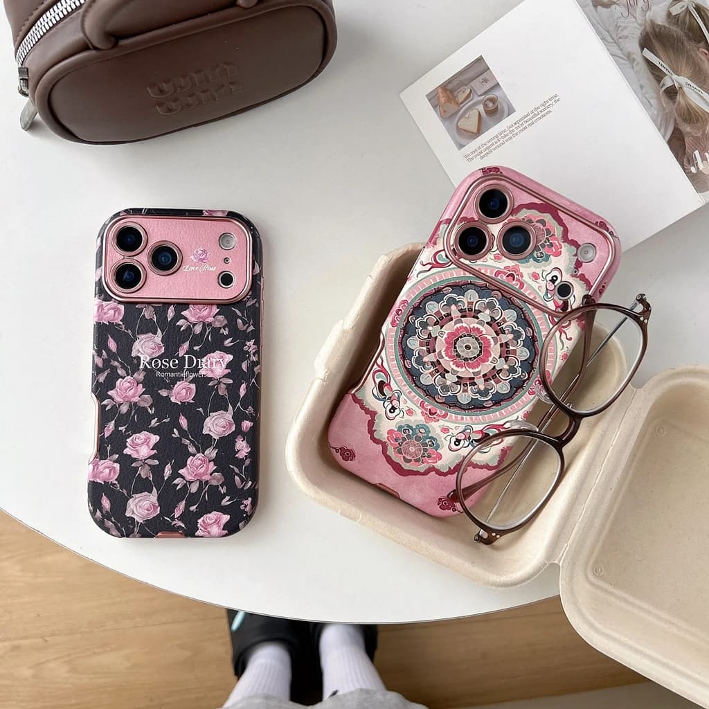Retro Art Rose Flower Totem Lace Model Camera lens Proteciton Shock Case for iPhone 17 16 15 14 13 Pro Max
