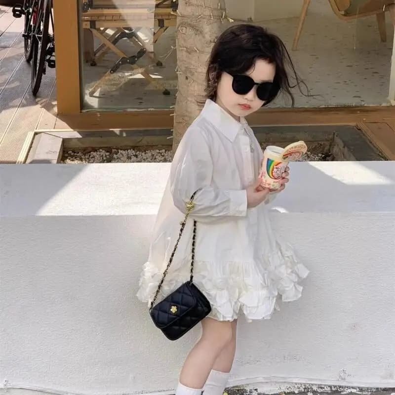 Abbigliamento per Bambini, Nuovo Stile Camicia-Vestito in Misto Cotone, Autunno 2025, Nuovo Modello Bianco a Maniche Lunghe con Colletto Floreale da Principessa