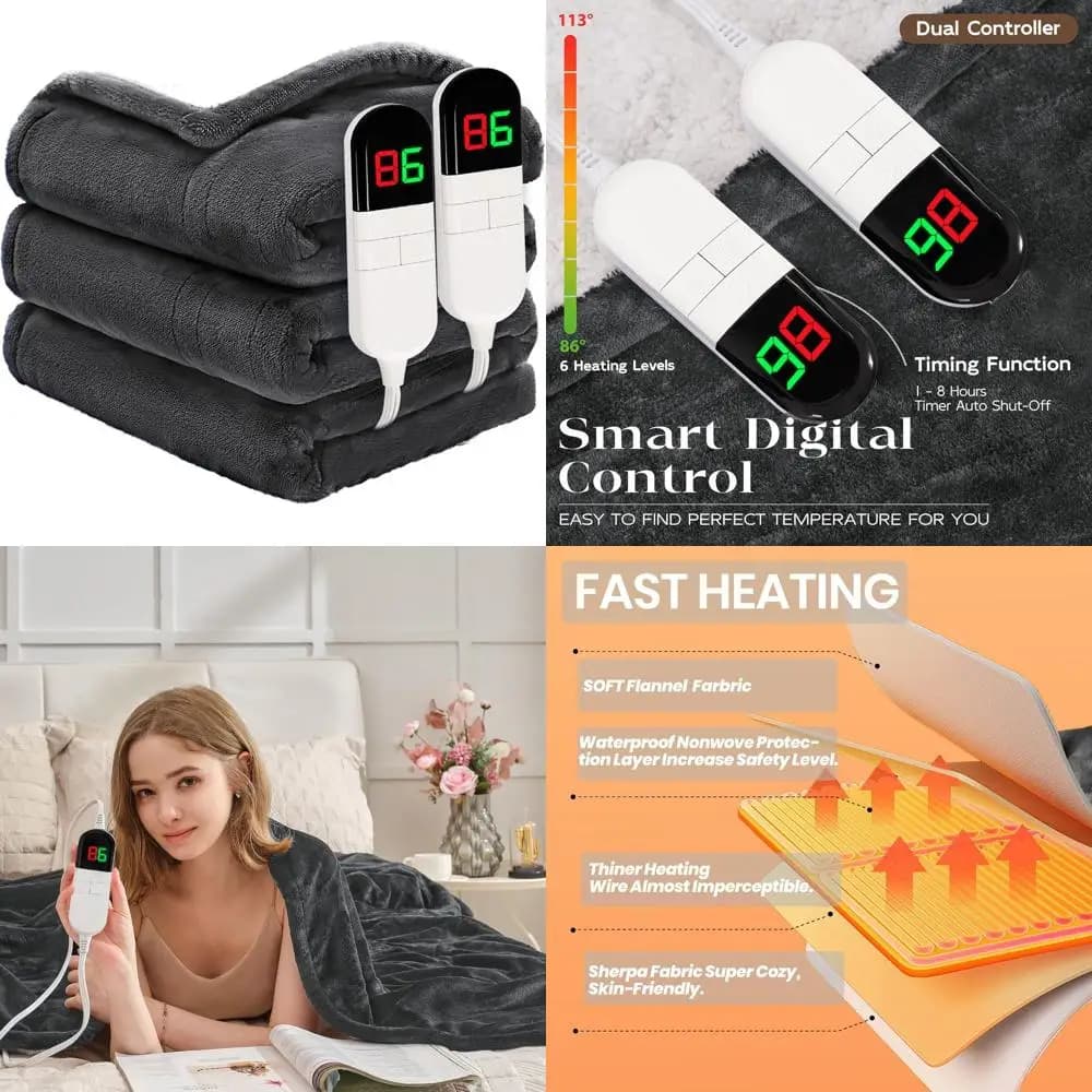 Coperta riscaldata elettrica Queen Size 84x90 - Calore a 6 livelli, doppi controlli, riscaldamento rapido, flanella Sherpa, spegnimento automatico, lavabile (Grigio
