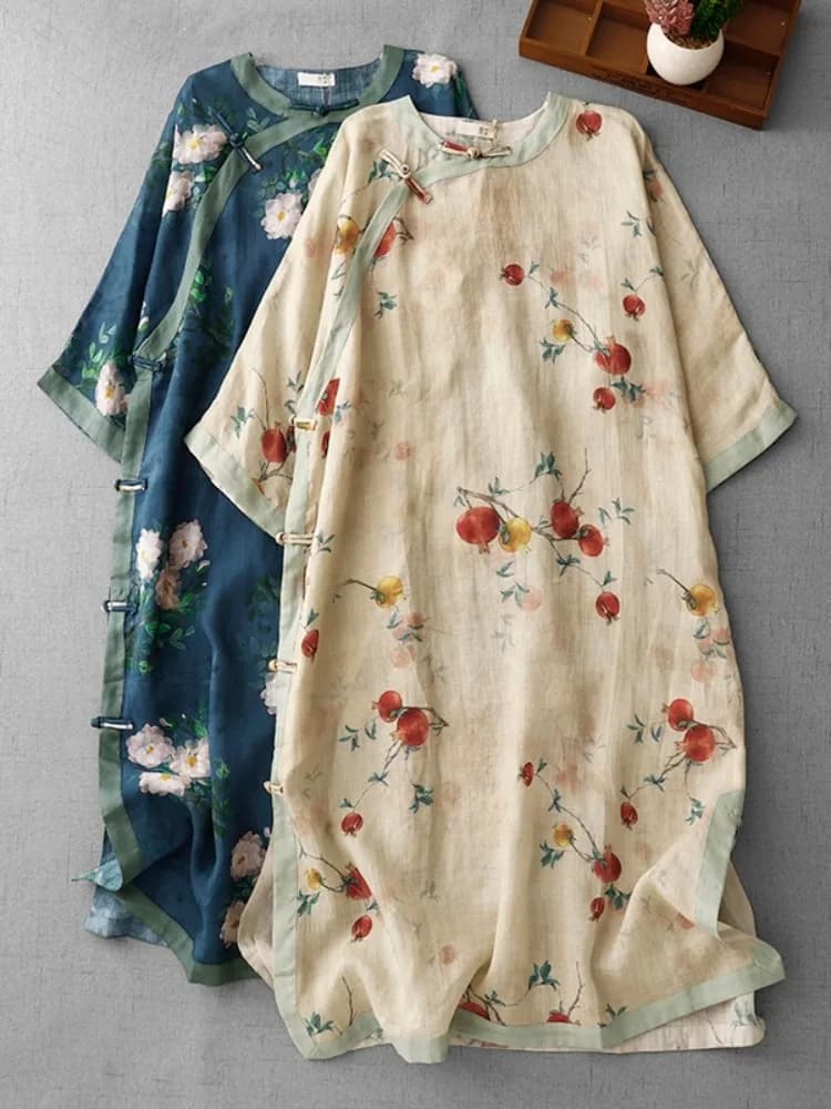 New Chinese Style Printed Cotton Linen Dress Women Summer plus Size Zen Tea Service Dress A-Line Skirt V-Neck