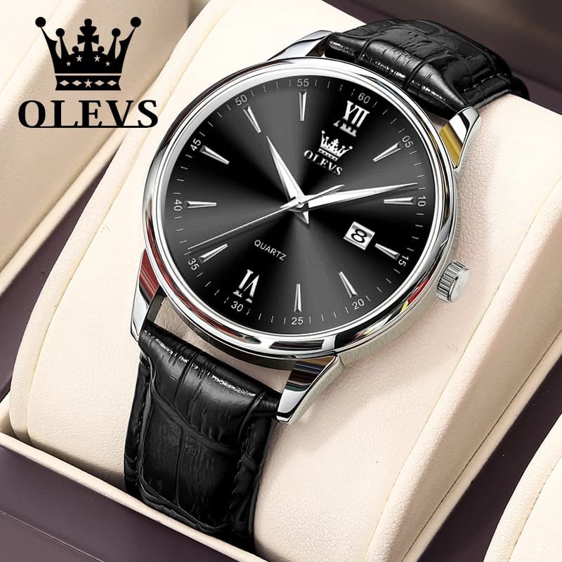 OLEVS Quartz Men's Watch Fashionable Business Waterproof Leather Strap Classic Ultra Thin 6.5mm Date dial Luxury Brand Men Watch