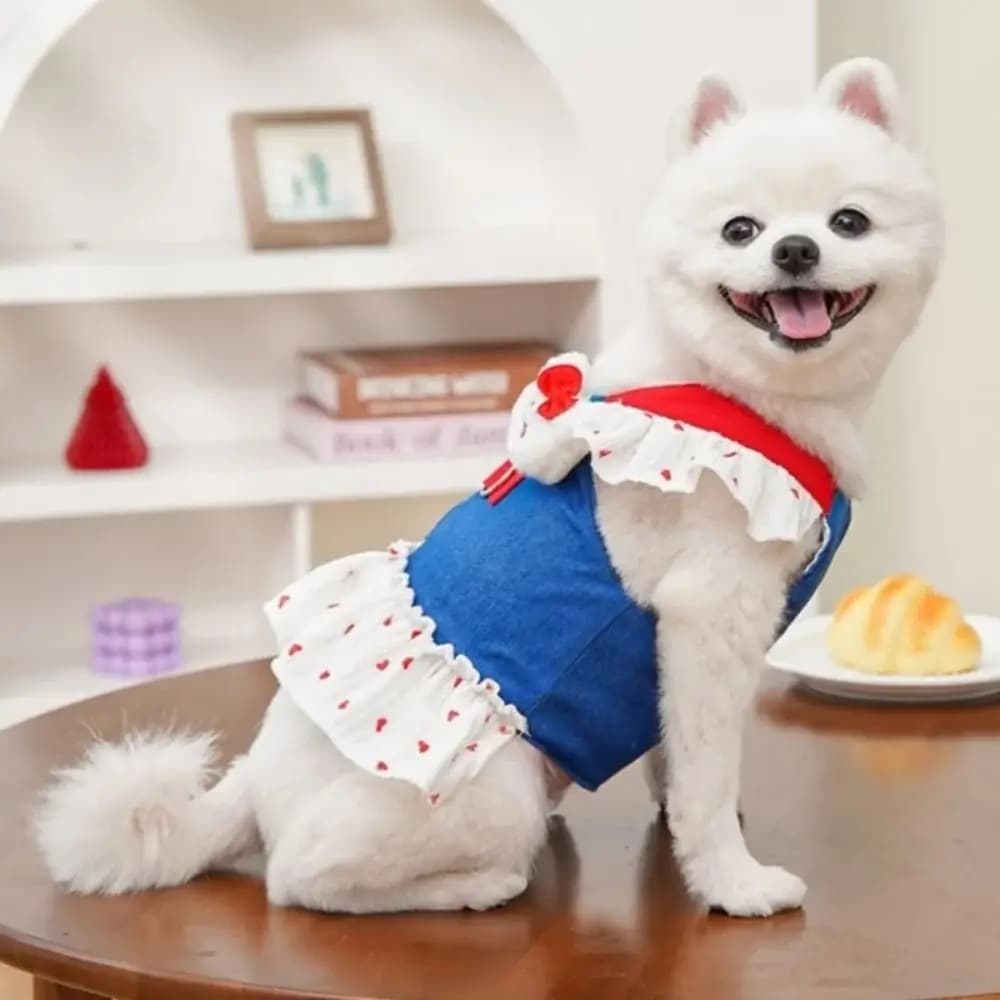 Grazioso Vestitino per Cani con Stampa a Cuori, Gonna Principessa in Denim Rosa con Fragole e Guinzaglio, Comodo Abito per Animali Domestici