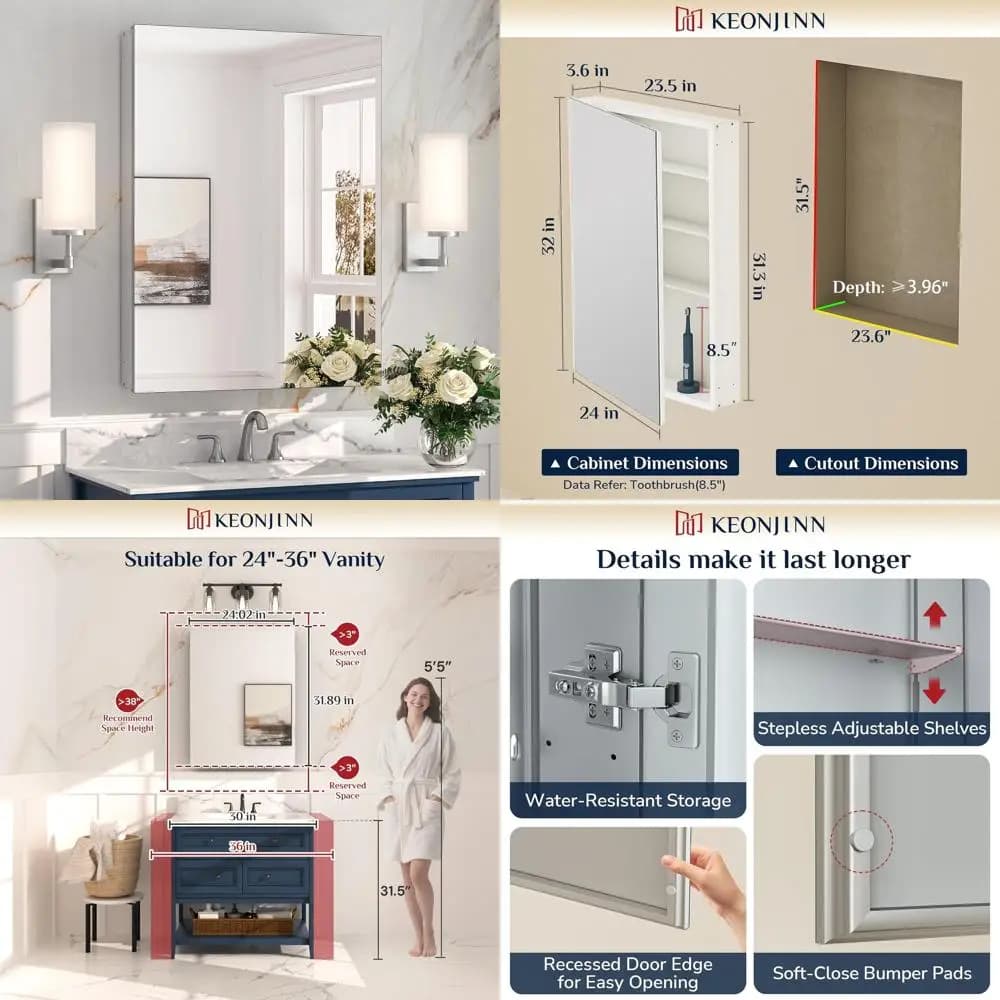 Armadietto da bagno argentato 24 x 32 con specchio, ripiani regolabili, vetro temperato, montaggio a parete o a incasso