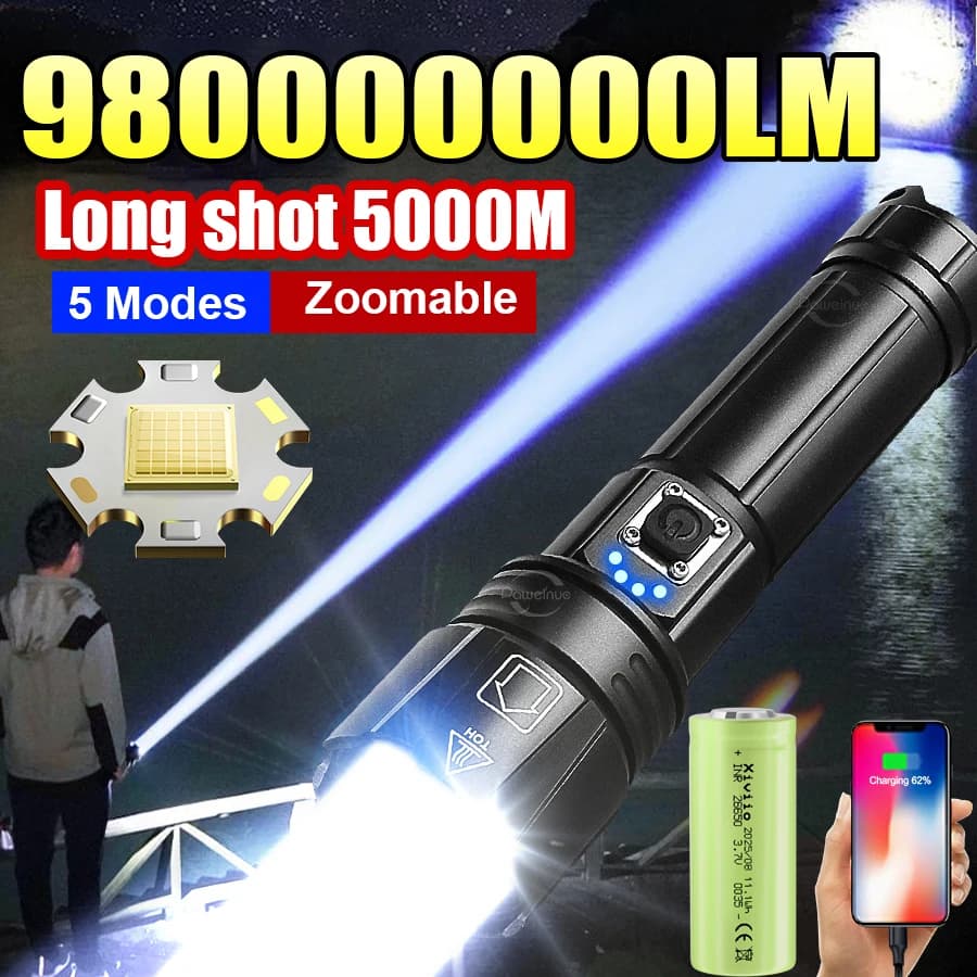 Torcia LED ad Alta Luminosità 2026, Portata 5000M, 980000000LM, Ricaricabile, Lampada Portatile per Campeggio all'Aperto