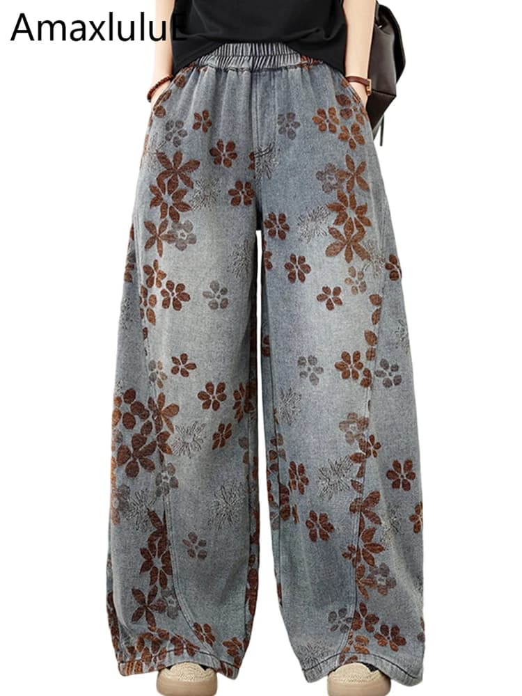 Amax LuluE Jeans Primaverili da Donna alla Moda, Pantaloni Larghi in Denim Vintage con Stampa Floreale, Pantaloni Classici di Lusso per il Tempo Libero
