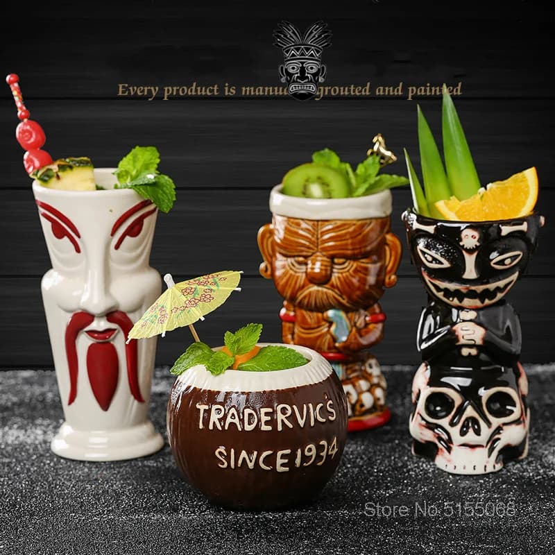 Tiki Tazza Bicchiere da cocktail in ceramica Tropicale hawaiano Bar Decor Bicchieri Tazza da vino mista Teschio marino Bambola Statua Smoothie Boccale di birra