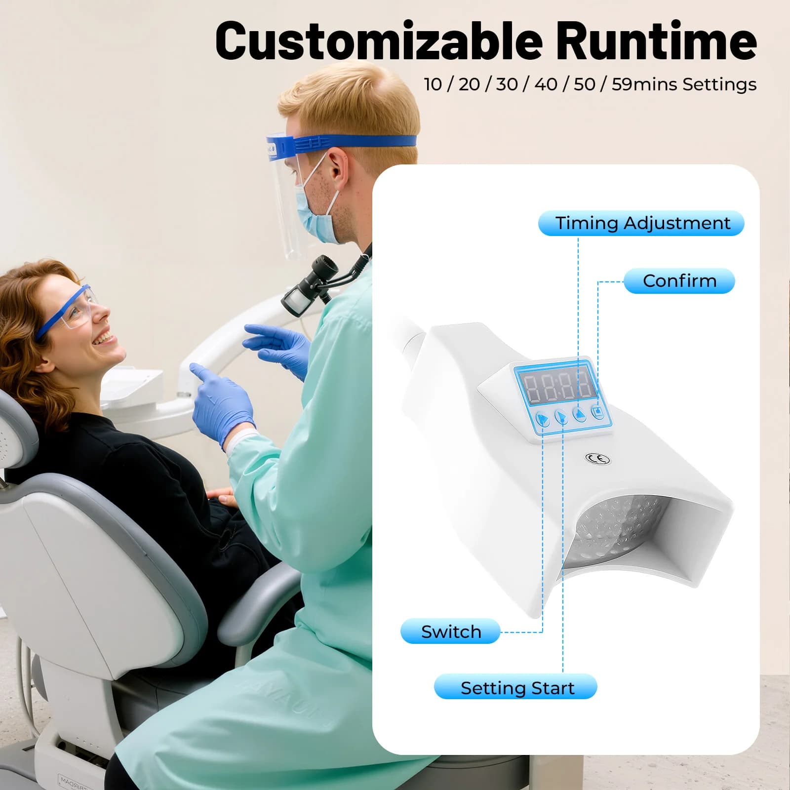 Dental tooth whitening machine, portable tooth whitening lamp with mobile support with dual dental clinic glasses