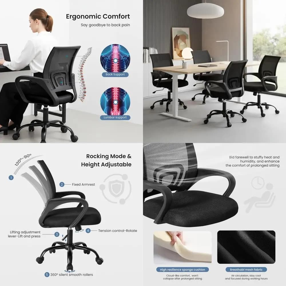 Sedia da scrivania ergonomica con supporto lombare - Girevole, altezza regolabile, braccioli fissi, ideale per casa, ufficio, gaming, confezione da 2, nera