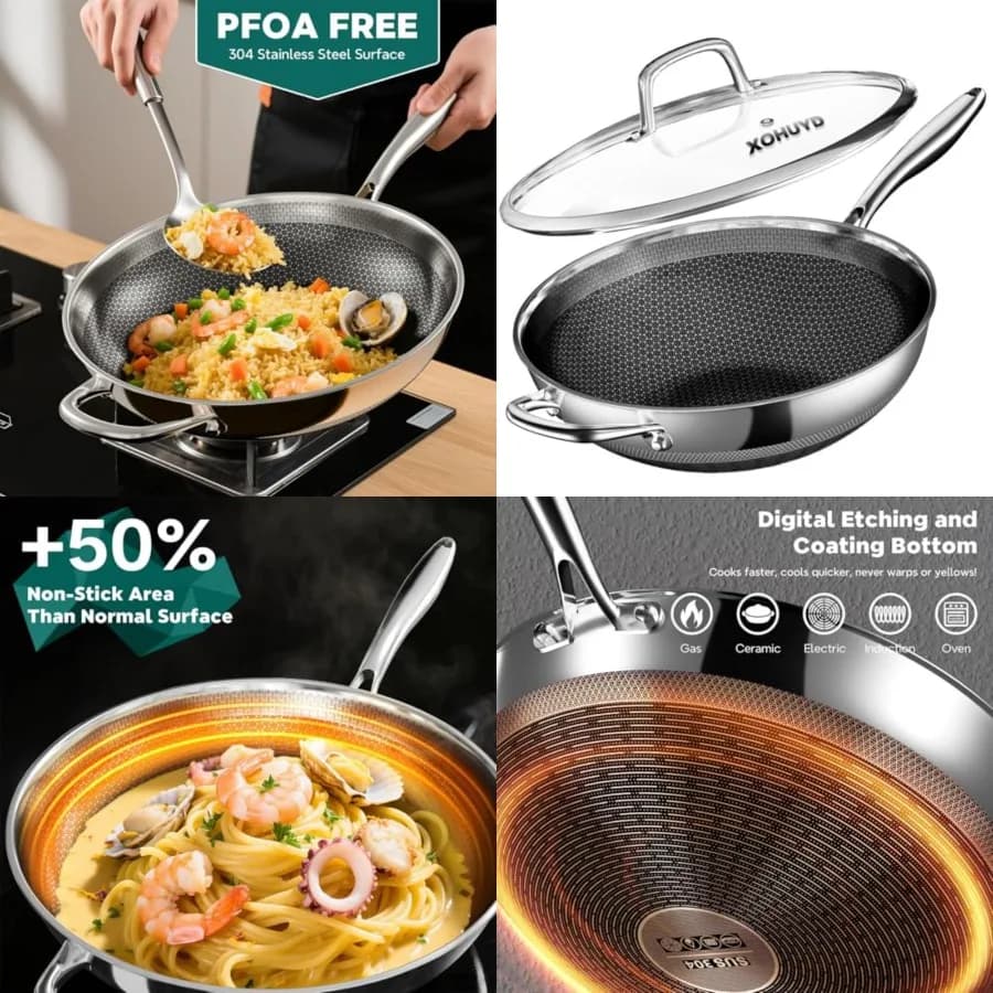 Wok in Acciaio Inossidabile da 13 Pollici, Padella Antiaderente per Stir-Fry, Wok con Coperchio per Induzione, Elettrico Ibrido, Gas, Alogeno, Tutti i Tipi di Fornelli