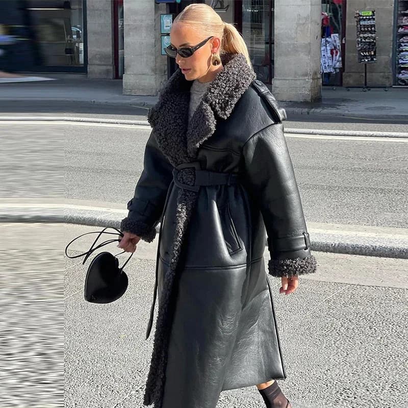 Women's Trench Coat Elegant Long Women's Coat Turn-down Collar Long Sleeves And Belt Women Black Trim Warm Belted Overcoat 97DU