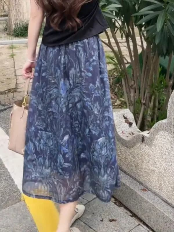Gonna midi a vita alta in lino a trapezio da donna, estiva 2026, con stampa floreale, effetto snellente, che nasconde i fianchi, in garza